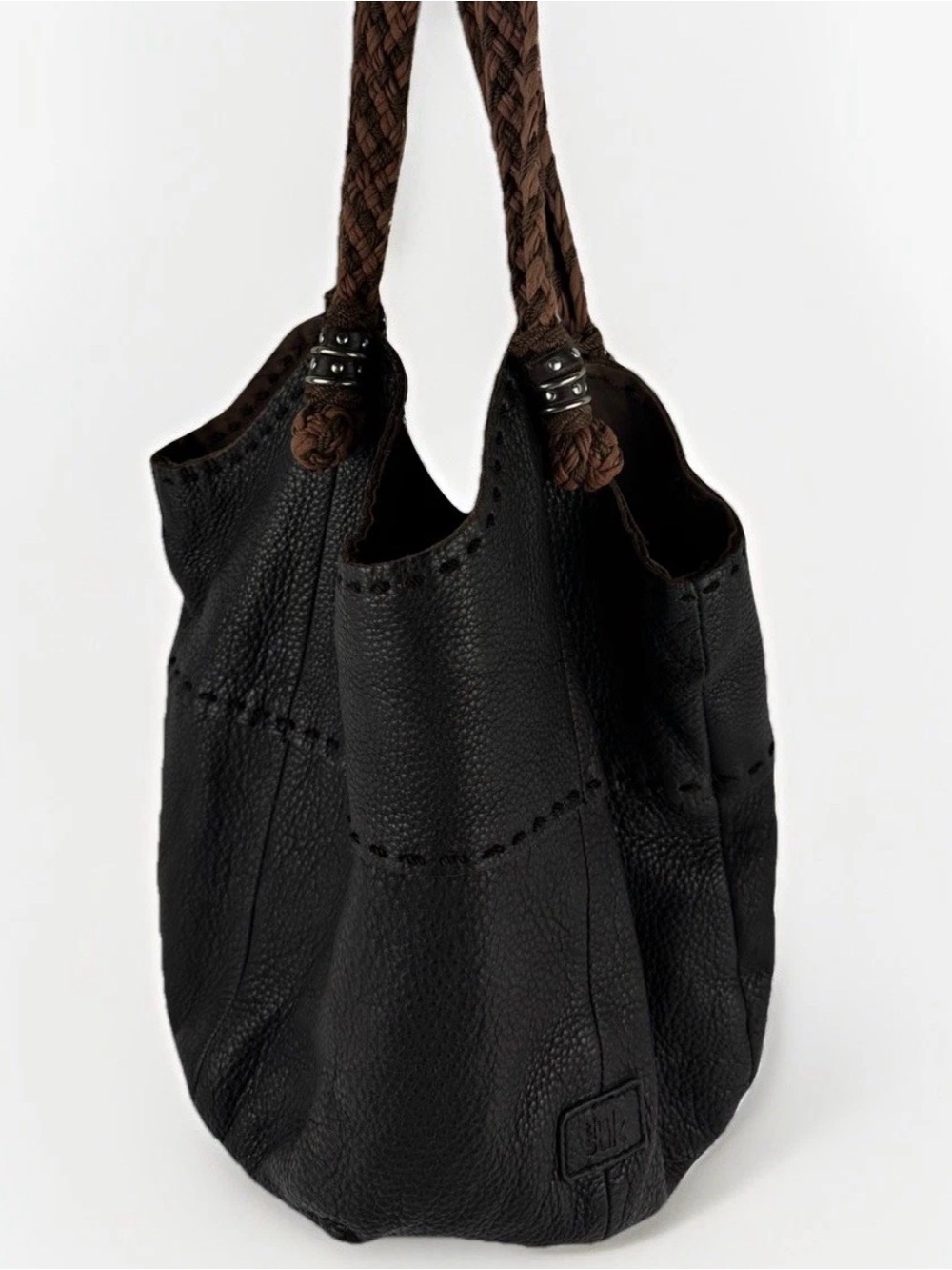 The Sak Chocolate Brown Pebbled Leather Tote Bag Braided Rope Handles Boho Purse